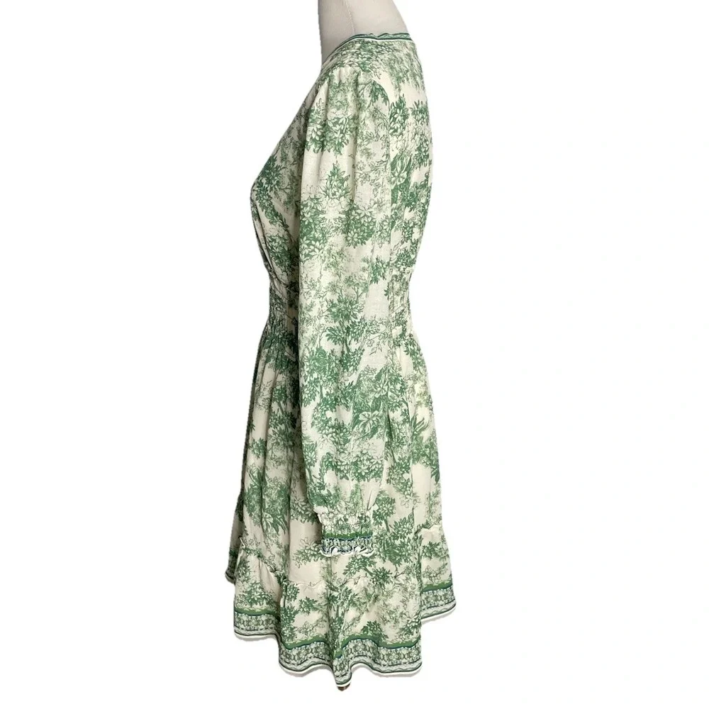 Max Studio Ivory Green Garden ‎ Floral Smocked Waist Dress Size Large
